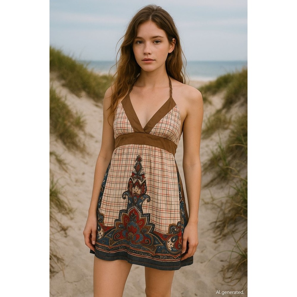 Y2K Flying Tomato Womens Babydoll Halter Dress Size M Brown Plaid Paisley Boho‎